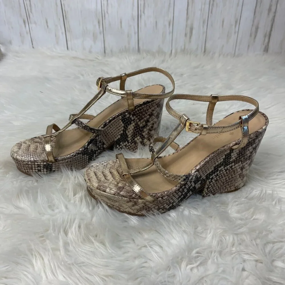 Kate Spade Venezia Heels 7.5 Tan Snake Print Strappy Platform Open Toe Italy